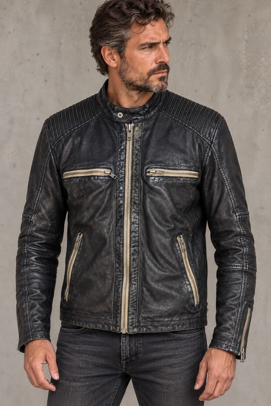 Oakwood Mens Size S Black Genuine Sheep Leather Biker Jacket Distressed